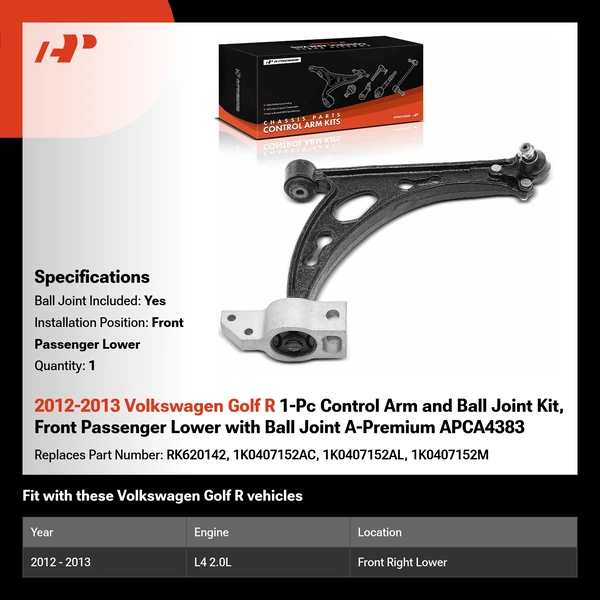 2012-2013 Volkswagen Golf R 1-Pc Control Arm and Ball Joint Kit, Front Passenger Lower with Ball Joint A-Premium APCA4383