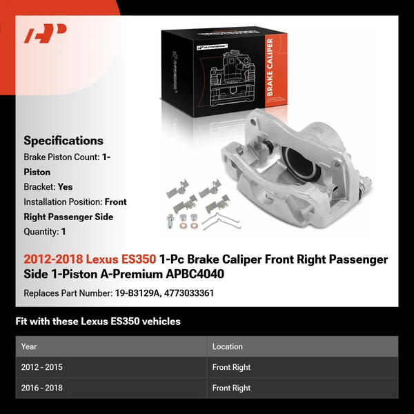 2012-2018 Lexus ES350 1-Pc Brake Caliper Front Right Passenger Side 1-Piston A-Premium APBC4040