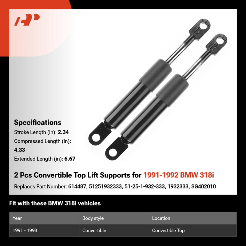 2 Pcs Convertible Top Lift Supports for 1991-1992 BMW 318i