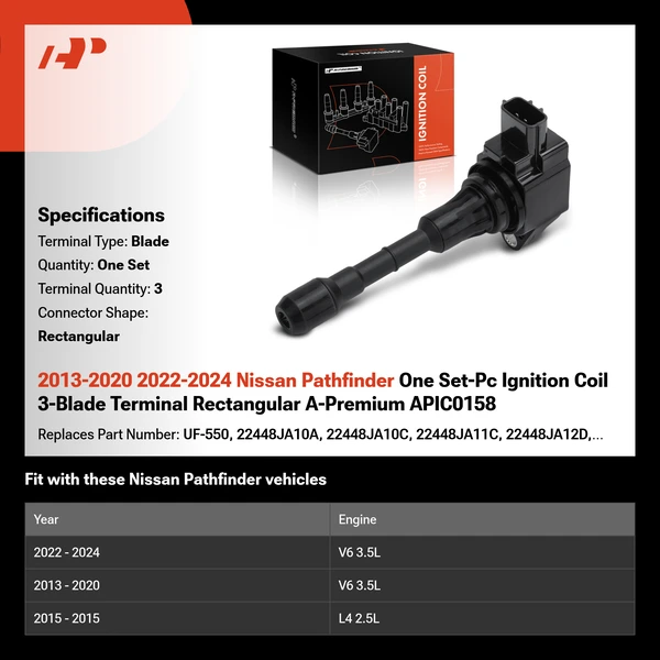 2013-2020 2022-2024 Nissan Pathfinder One Set-Pc Ignition Coil 3-Blade Terminal Rectangular A-Premium APIC0158