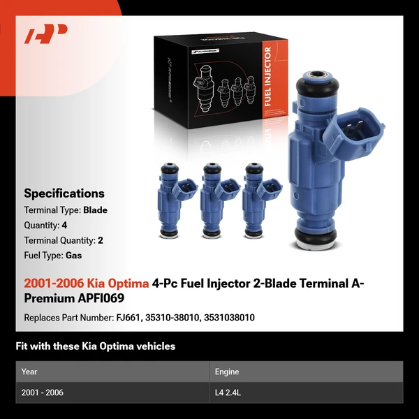 2001-2006 Kia Optima 4-Pc Fuel Injector 2-Blade Terminal A-Premium APFI069
