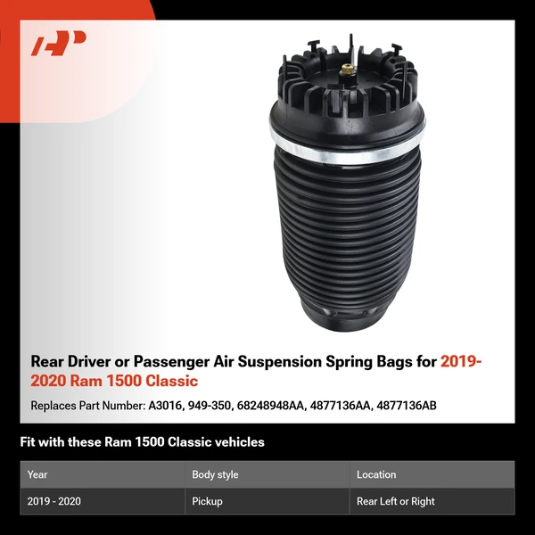 Rear Driver or Passenger Air Suspension Spring Bags for 2019-2020 Ram 1500 Classic
