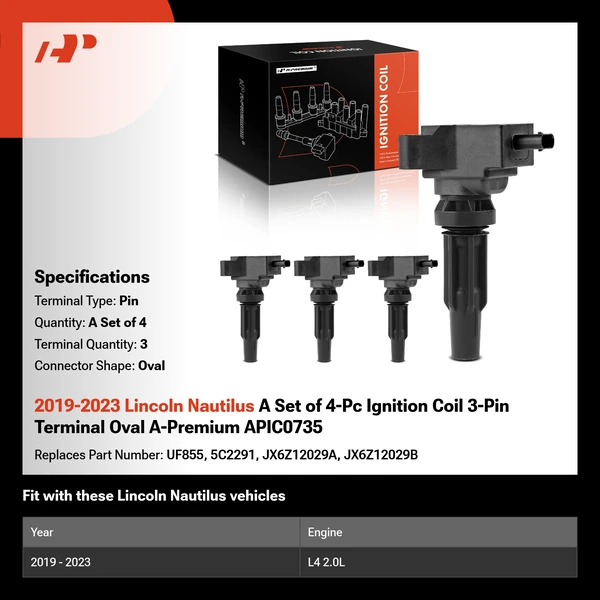 2019-2023 Lincoln Nautilus A Set of 4-Pc Ignition Coil 3-Pin Terminal Oval A-Premium APIC0735