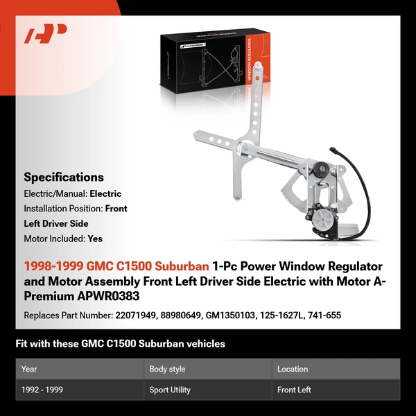 1998-1999 GMC C1500 Suburban 1-Pc Power Window Regulator and Motor Assembly Front Left Driver Side Electric with Motor A-Premium APWR0383