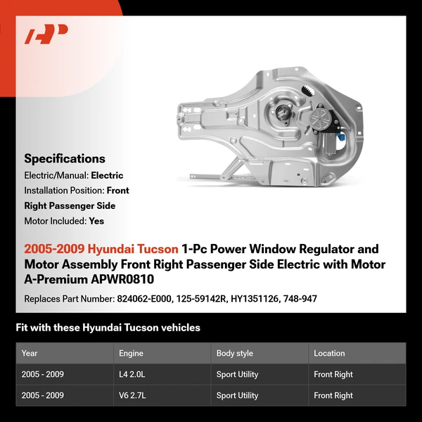 2005-2009 Hyundai Tucson 1-Pc Power Window Regulator and Motor Assembly Front Right Passenger Side Electric with Motor A-Premium APWR0810