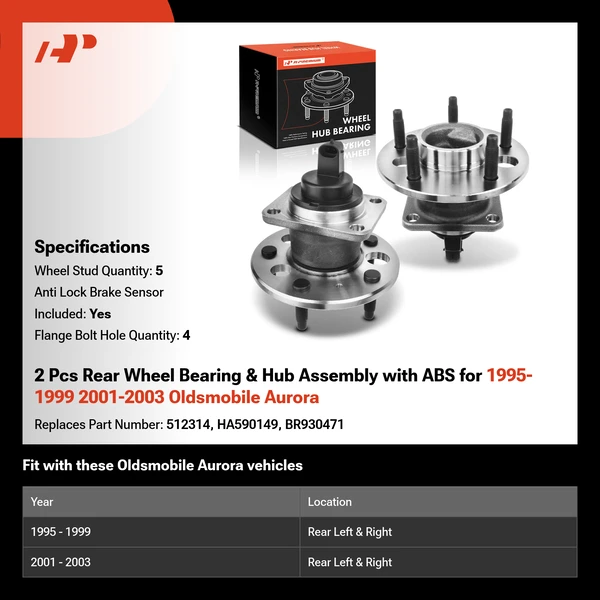 2 Pcs Rear Wheel Bearing & Hub Assembly with ABS for 1995-1999 2001-2003 Oldsmobile Aurora