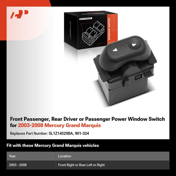 Front Passenger, Rear Driver or Passenger Power Window Switch for 2003-2008 Mercury Grand Marquis