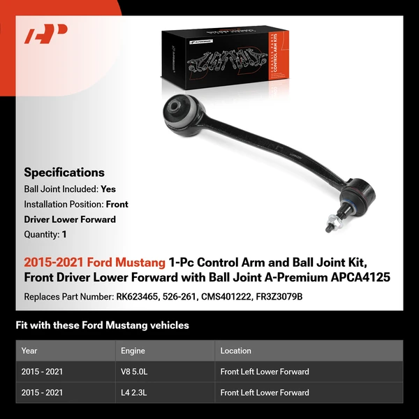 2015-2021 Ford Mustang 1-Pc Control Arm and Ball Joint Kit, Front Driver Lower Forward with Ball Joint A-Premium APCA4125