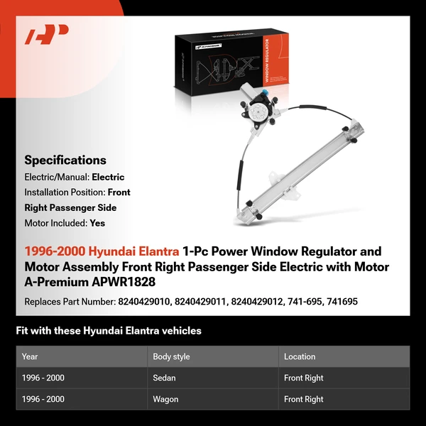1996-2000 Hyundai Elantra 1-Pc Power Window Regulator and Motor Assembly Front Right Passenger Side Electric with Motor A-Premium APWR1828