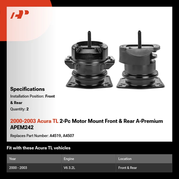 2000-2003 Acura TL 2-Pc Motor Mount Front & Rear A-Premium APEM242