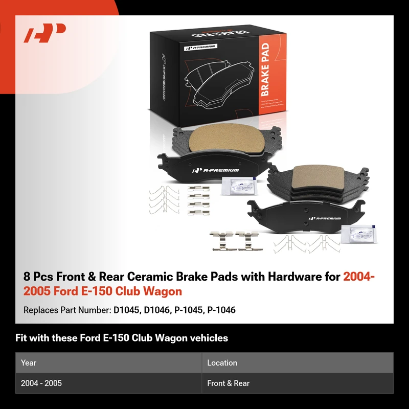 8 Pcs Front & Rear Ceramic Brake Pads with Hardware for 2004-2005 Ford E-150 Club Wagon