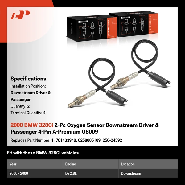 2000 BMW 328Ci 2-Pc Oxygen Sensor Downstream Driver & Passenger 4-Pin A-Premium OS009