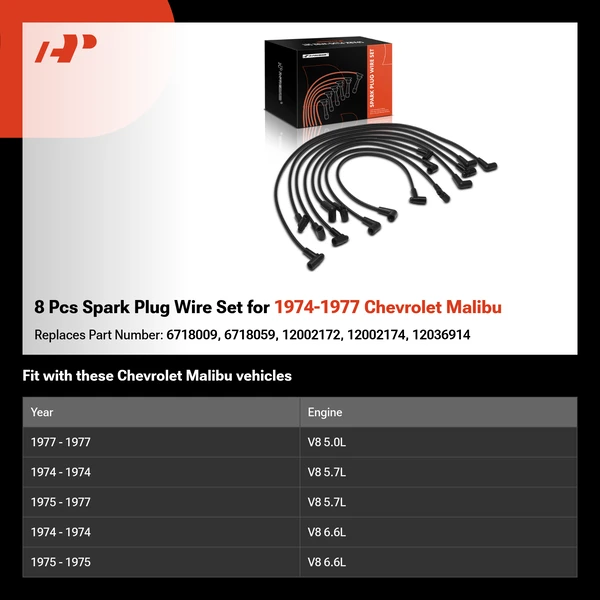 8 Pcs Spark Plug Wire Set for 1974-1977 Chevrolet Malibu