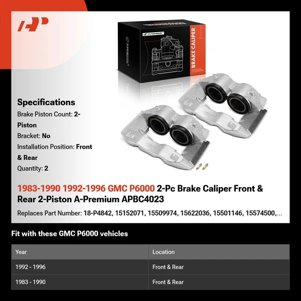 1983-1990 1992-1996 GMC P6000 2-Pc Brake Caliper Front & Rear 2-Piston A-Premium APBC4023