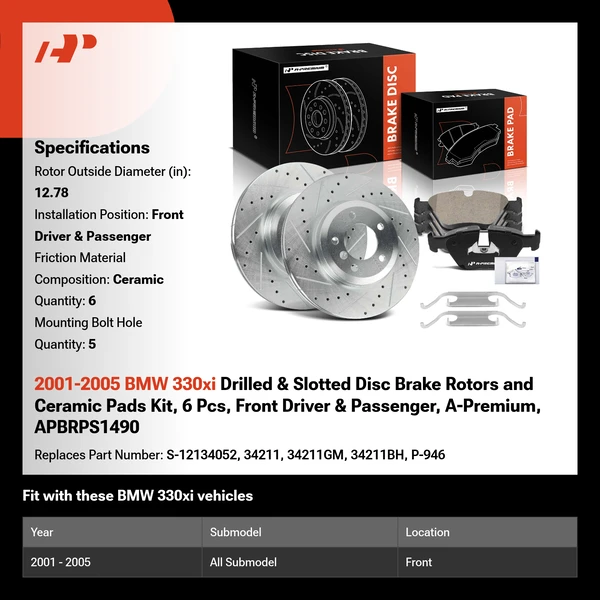 2001-2005 BMW 330xi Drilled & Slotted Disc Brake Rotors and Ceramic Pads Kit, 6 Pcs, Front Driver & Passenger, A-Premium, APBRPS1490