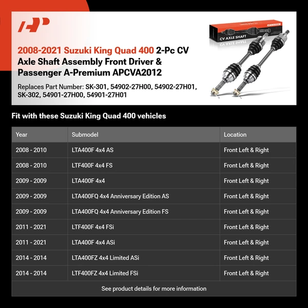 2008-2021 Suzuki King Quad 400 2-Pc CV Axle Shaft Assembly Front Driver & Passenger A-Premium APCVA2012