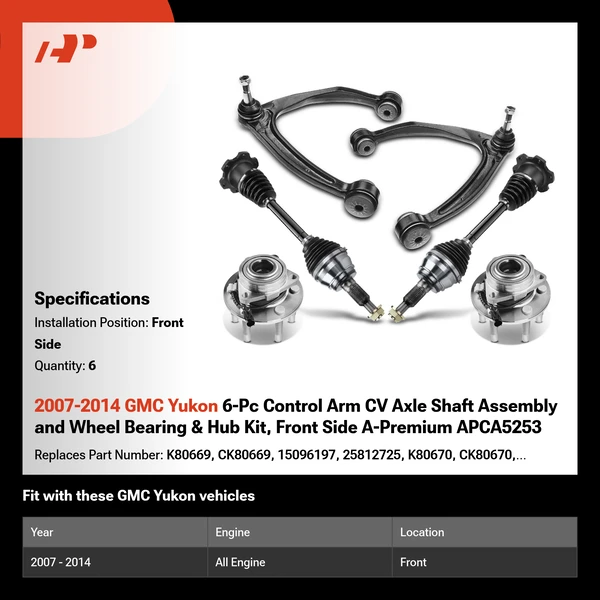 2007-2014 GMC Yukon 6-Pc Control Arm CV Axle Shaft Assembly and Wheel Bearing & Hub Kit, Front Side A-Premium APCA5253