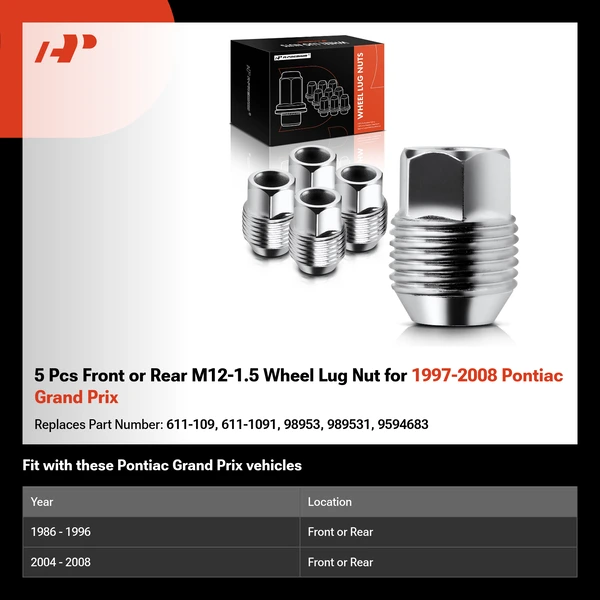 5 Pcs Front or Rear M12-1.5 Wheel Lug Nut for 1997-2008 Pontiac Grand Prix