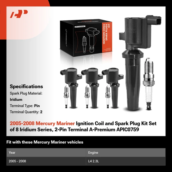 2005-2008 Mercury Mariner Ignition Coil and Spark Plug Kit Set of 8 Iridium Series, 2-Pin Terminal A-Premium APIC0759