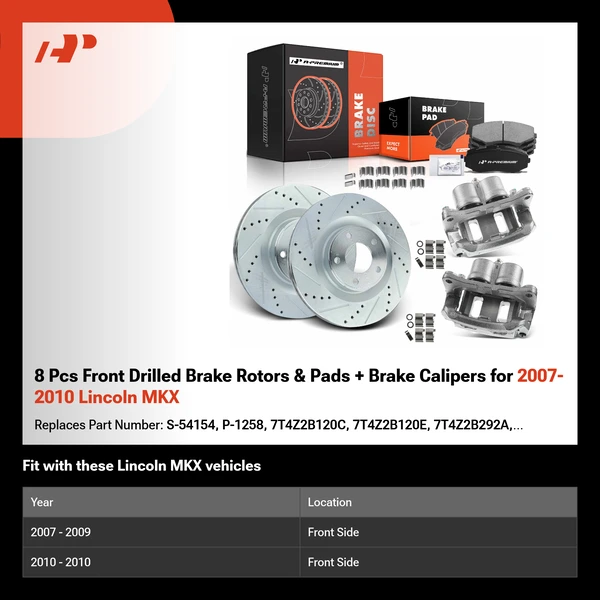 8 Pcs Front Drilled Brake Rotors & Pads + Brake Calipers for 2007-2010 Lincoln MKX