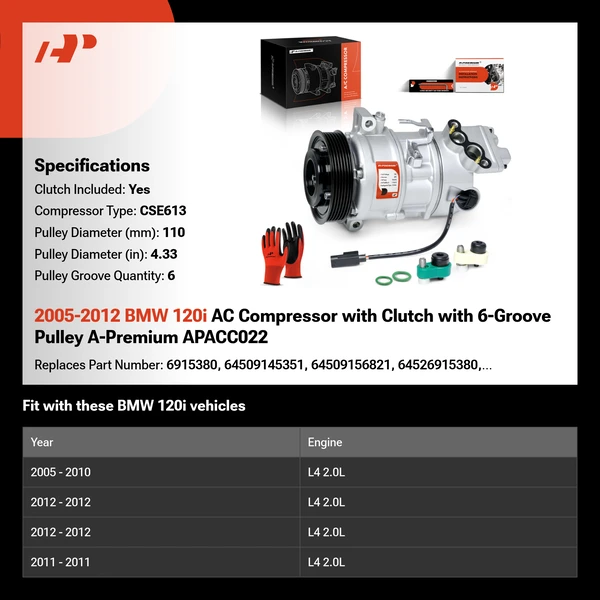 2005-2012 BMW 120i AC Compressor with Clutch with 6-Groove Pulley A-Premium APACC022