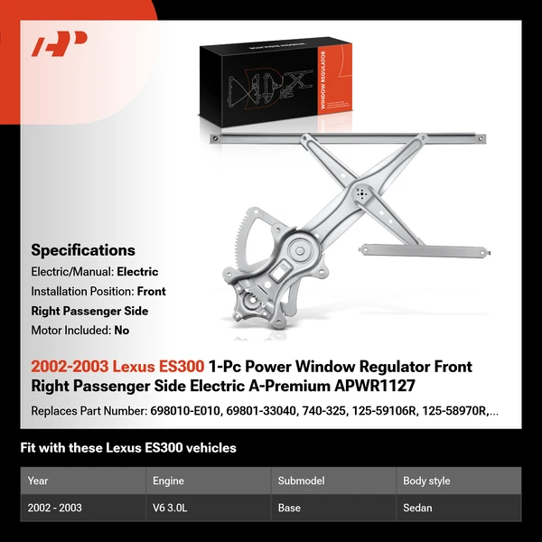 2002-2003 Lexus ES300 1-Pc Power Window Regulator Front Right Passenger Side Electric A-Premium APWR1127