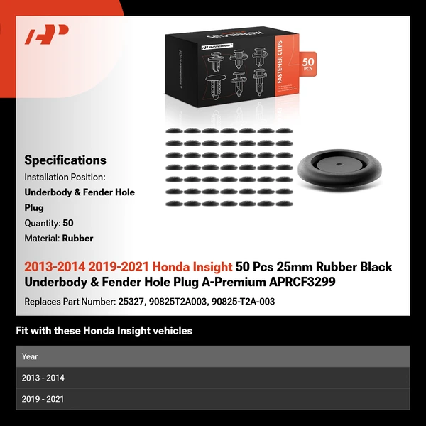 2013-2014 2019-2021 Honda Insight 50 Pcs 25mm Rubber Black Underbody & Fender Hole Plug A-Premium APRCF3299
