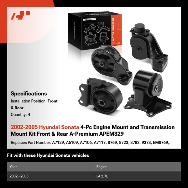 2002-2005 Hyundai Sonata 4-Pc Engine Mount and Transmission Mount Kit Front & Rear A-Premium APEM329