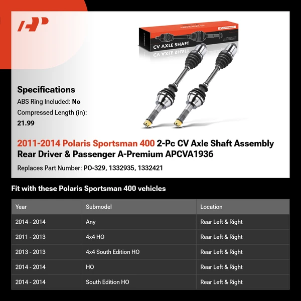2011-2014 Polaris Sportsman 400 2-Pc CV Axle Shaft Assembly Rear Driver & Passenger A-Premium APCVA1936