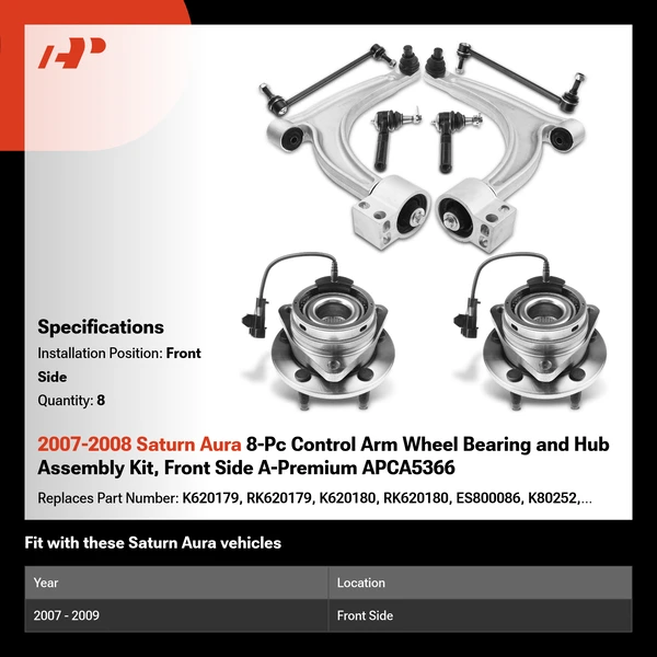 2007-2008 Saturn Aura 8-Pc Control Arm Wheel Bearing and Hub Assembly Kit, Front Side A-Premium APCA5366