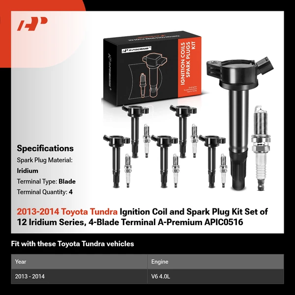 2013-2014 Toyota Tundra Ignition Coil and Spark Plug Kit Set of 12 Iridium Series, 4-Blade Terminal A-Premium APIC0516