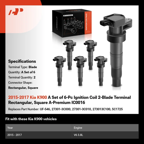 2015-2017 Kia K900 A Set of 6-Pc Ignition Coil 2-Blade Terminal Rectangular, Square A-Premium IC0016