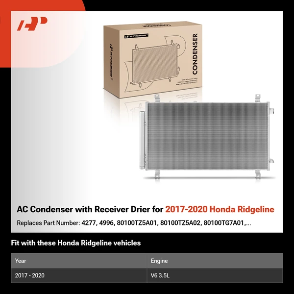 AC Condenser with Receiver Drier for 2017-2020 Honda Ridgeline