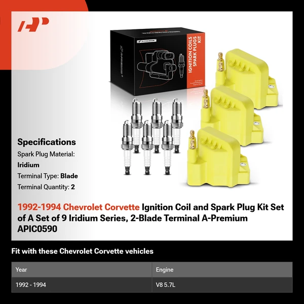 1992-1994 Chevrolet Corvette Ignition Coil and Spark Plug Kit Set of A Set of 9 Iridium Series, 2-Blade Terminal A-Premium APIC0590
