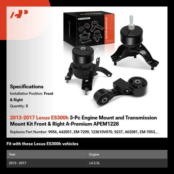 2013-2017 Lexus ES300h 3-Pc Engine Mount and Transmission Mount Kit Front & Right A-Premium APEM1228