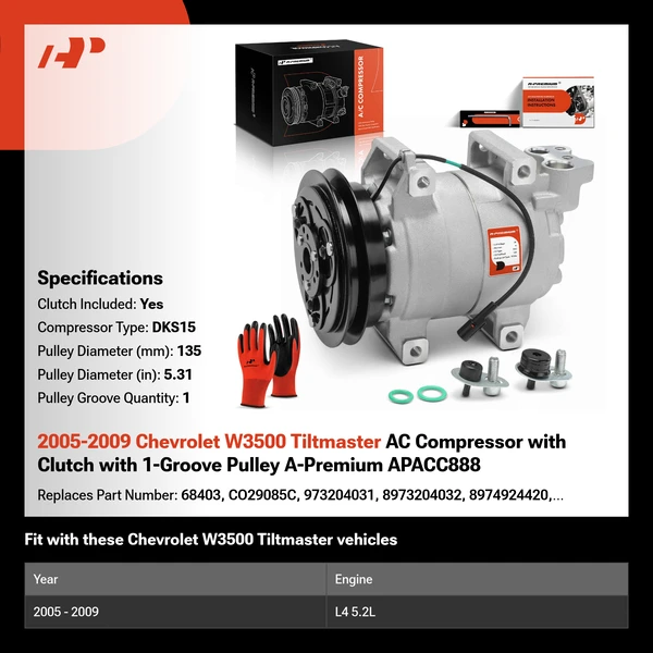 2005-2009 Chevrolet W3500 Tiltmaster AC Compressor with Clutch with 1-Groove Pulley A-Premium APACC888