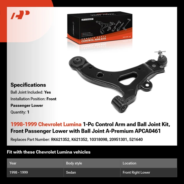 1998-1999 Chevrolet Lumina 1-Pc Control Arm and Ball Joint Kit, Front Passenger Lower with Ball Joint A-Premium APCA0461
