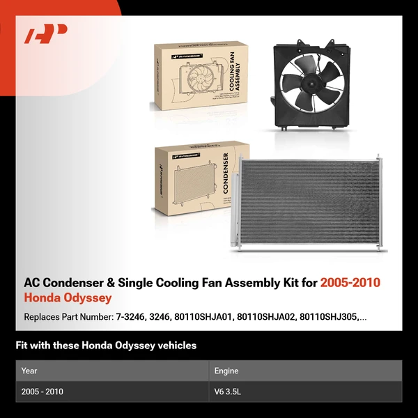 AC Condenser & Single Cooling Fan Assembly Kit for 2005-2010 Honda Odyssey