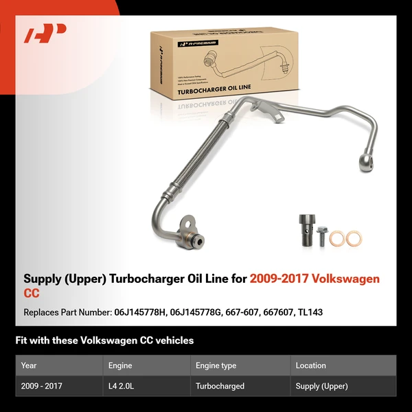 Supply (Upper) Turbocharger Oil Line for 2009-2017 Volkswagen CC