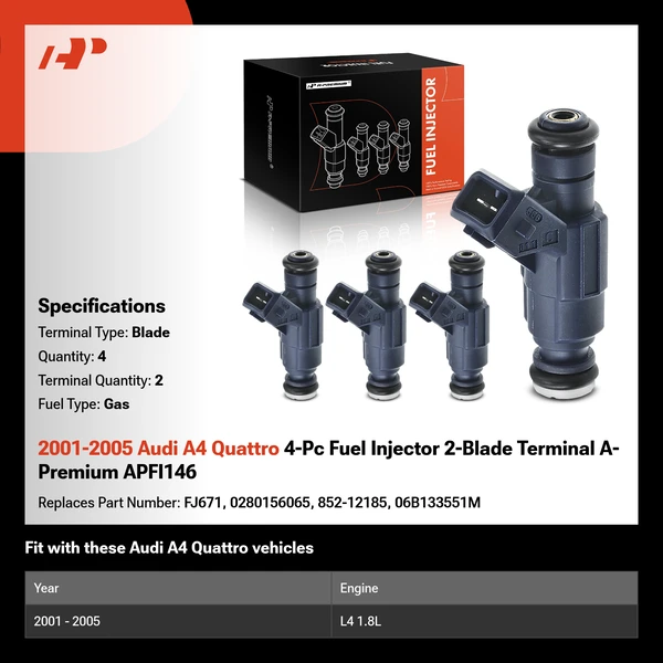 2001-2005 Audi A4 Quattro 4-Pc Fuel Injector 2-Blade Terminal A-Premium APFI146
