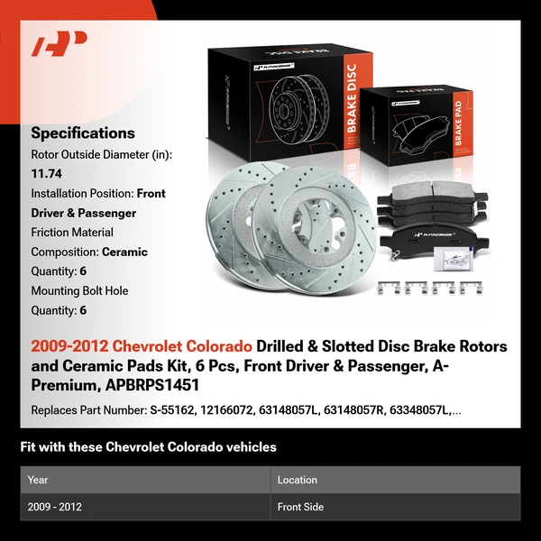 2009-2012 Chevrolet Colorado Drilled & Slotted Disc Brake Rotors and Ceramic Pads Kit, 6 Pcs, Front Driver & Passenger, A-Premium, APBRPS1451
