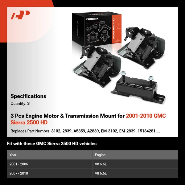 3 Pcs Engine Motor & Transmission Mount for 2001-2010 GMC Sierra 2500 HD