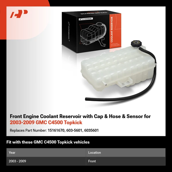 Front Engine Coolant Reservoir with Cap & Hose & Sensor for 2003-2009 GMC C4500 Topkick