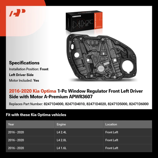 2016-2020 Kia Optima 1-Pc Window Regulator Front Left Driver Side with Motor A-Premium APWR3607