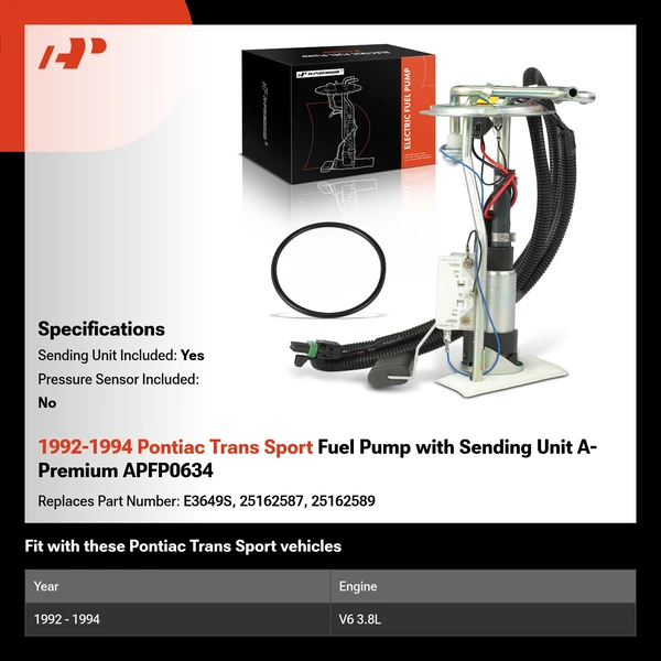 1992-1994 Pontiac Trans Sport Fuel Pump with Sending Unit A-Premium APFP0634