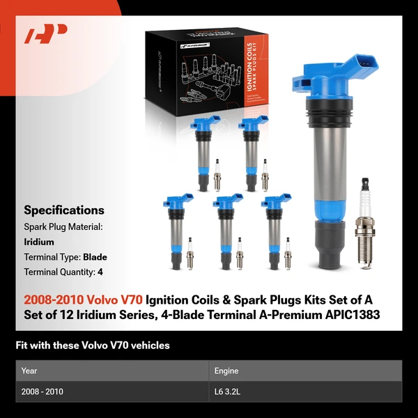 2008-2010 Volvo V70 Ignition Coils & Spark Plugs Kits Set of 12 Iridium Series, 4-Blade Terminal A-Premium APIC1383