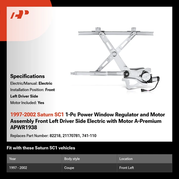1997-2002 Saturn SC1 1-Pc Power Window Regulator and Motor Assembly Front Left Driver Side Electric with Motor A-Premium APWR1938