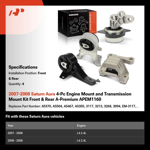 2007-2008 Saturn Aura 4-Pc Engine Mount and Transmission Mount Kit Front & Rear A-Premium APEM1160