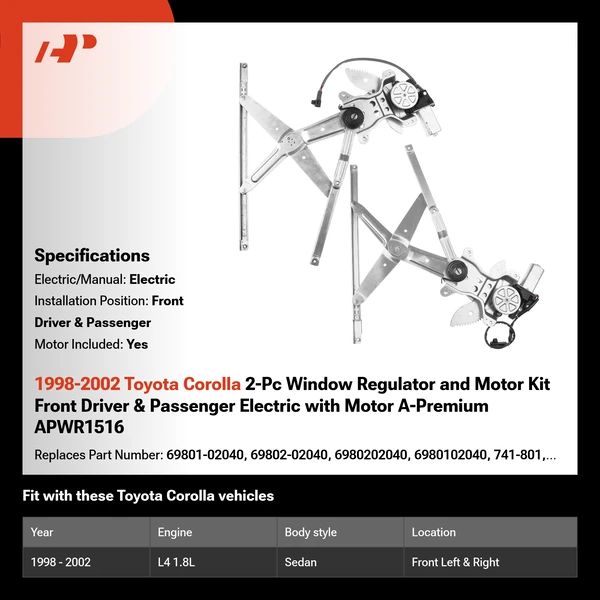 1998-2002 Toyota Corolla 2-Pc Window Regulator and Motor Kit Front Driver & Passenger Electric with Motor A-Premium APWR1516