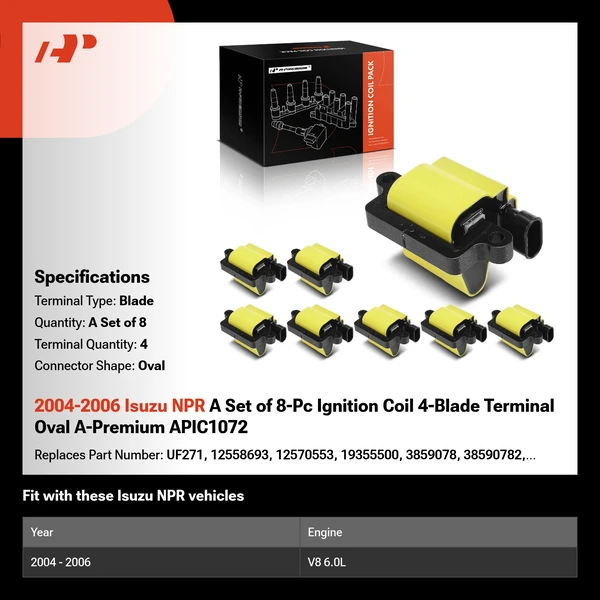 2004-2006 Isuzu NPR A Set of 8-Pc Ignition Coil 4-Blade Terminal Oval A-Premium APIC1072